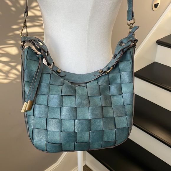 Handbags - Vegan leather woven Crossbody and Shoulder or Handbag purse teal blue like new